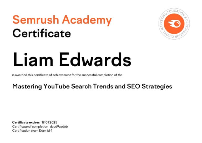 Semrush Academy Certificate | Liam Edwards